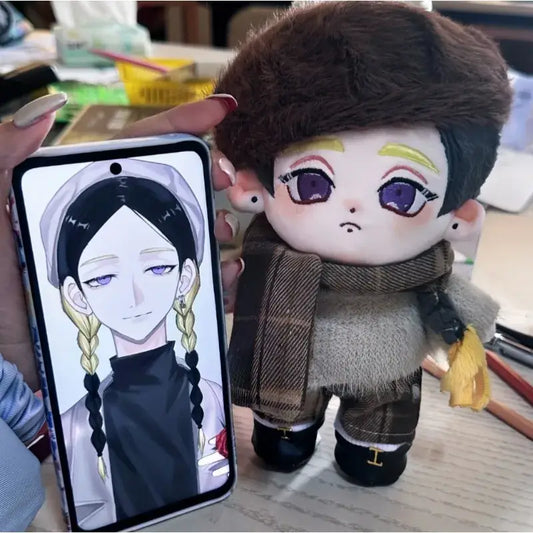 Tokyo Revengers haitani ran plush doll with brown fur hat purple eyes and plaid scarf in textured sweater outfit 20cm cotton stuffed