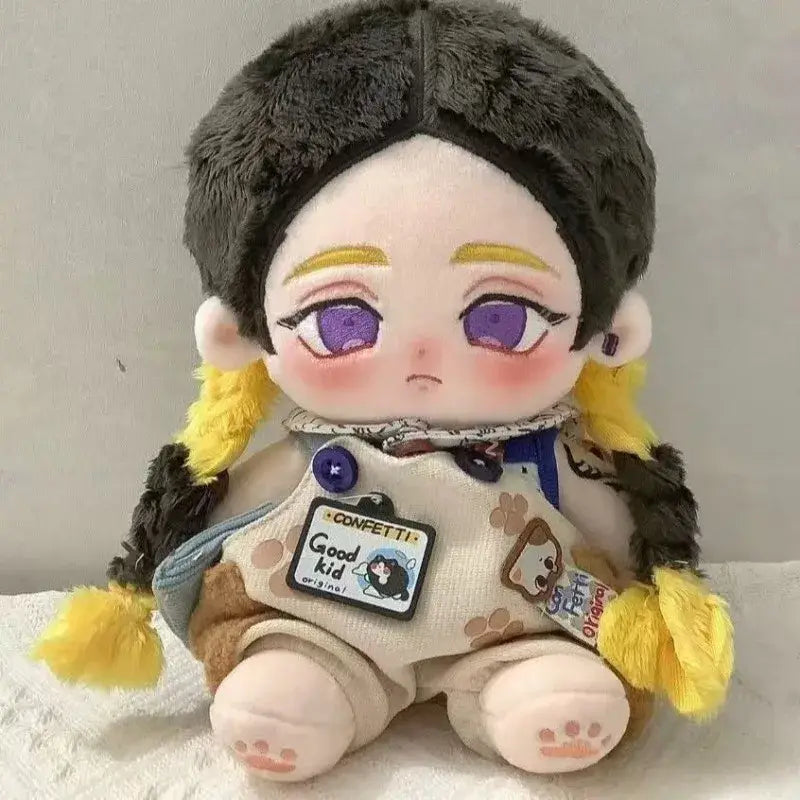 Tokyo revengers haitani ran plush doll with dark brown fur hair yellow pigtails purple eyes in beige cotton overalls