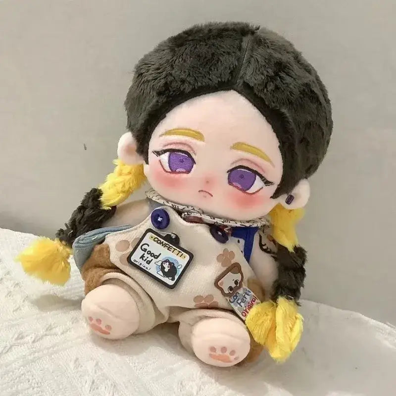 Tokyo Revengers Haitani Ran plush doll with dark gray fur hair purple eyes yellow pigtails in beige cotton overalls