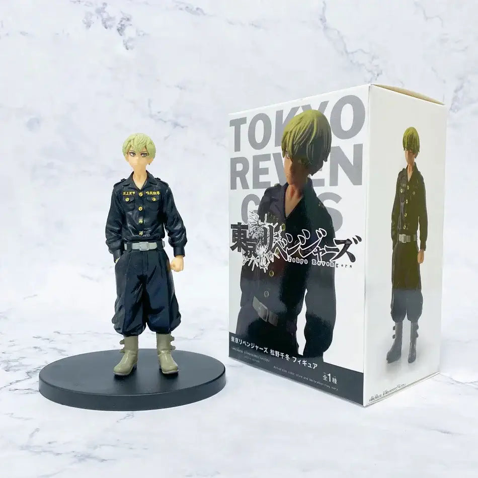 Black pvc figure of blonde hanma in dark uniform with gold buttons and green boots on black base from tokyo revengers set