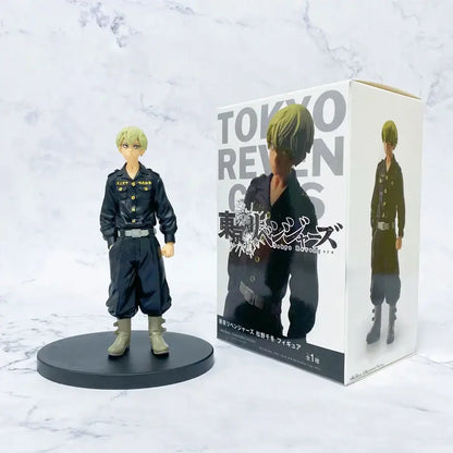 Black pvc figure of blonde hanma in dark uniform with gold buttons and green boots on black base from tokyo revengers set