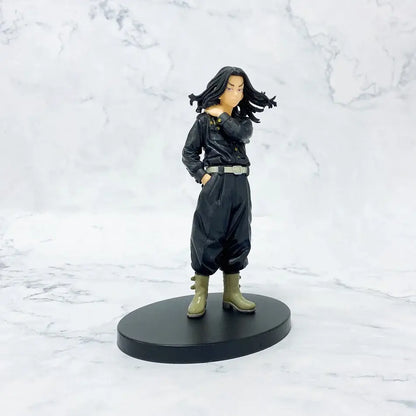 Black pvc figure of hanagaki keisuke hanma from tokyo revengers figure set wearing black jacket and pants on base