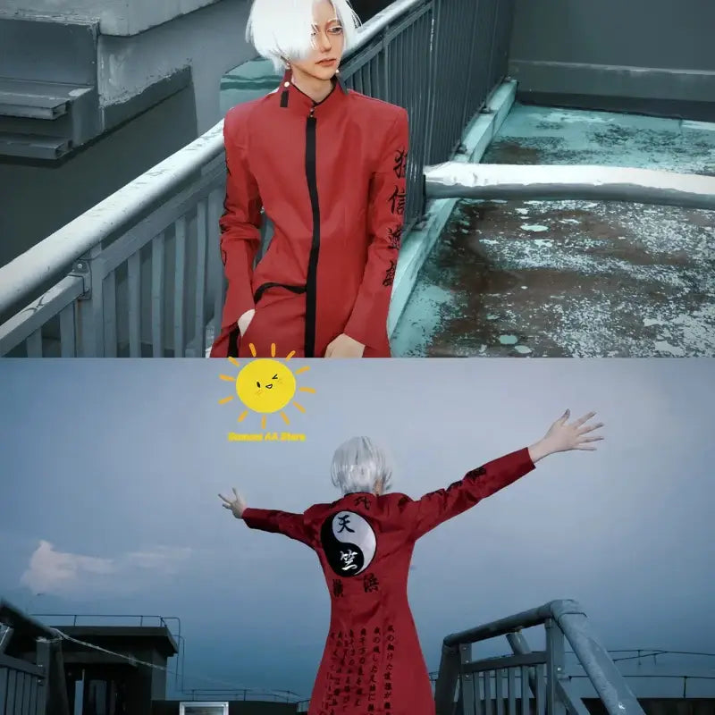 Back view of red uniform coat with black zipper, chinese characters on sleeves, and yin-yang symbol for izana kurokawa red