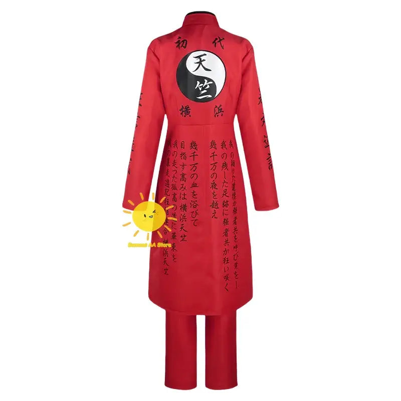 Back view of red uniform coat featuring black chinese characters and yin-yang symbol izana kurokawa red uniform