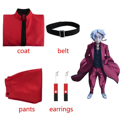 Red satin coat with black inner lining and front zipper detail from izana kurokawa red uniform costume