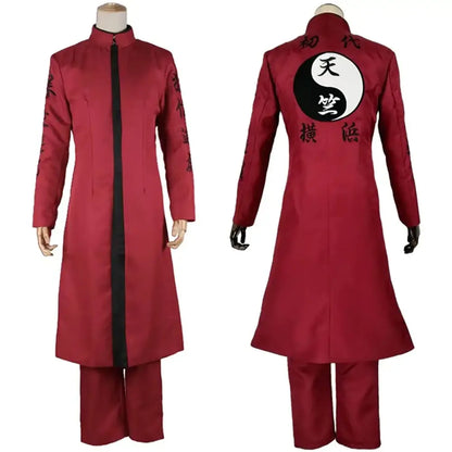 Red long coat with black zipper and sleeve embroidery showing yin-yang symbol on back for izana kurokawa tenjiku cosplay