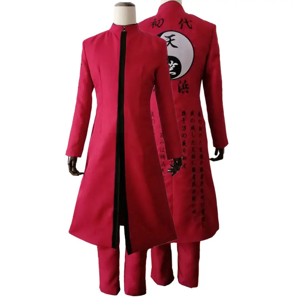 Back view of vibrant red izana kurokawa tenjiku embroidery coat with black zipper and white yin-yang symbol for tokyo revengers cosplay
