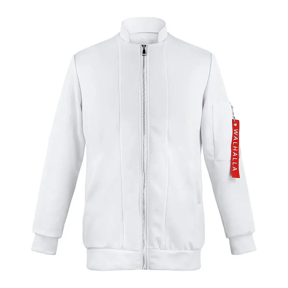 White bomber jacket with silver zipper and red valhalla tag on left sleeve for tokyo revengers kazutora hanemiya cosplay costume