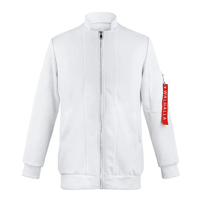 White bomber jacket with silver zipper and red valhalla tag on left sleeve for tokyo revengers kazutora hanemiya cosplay costume