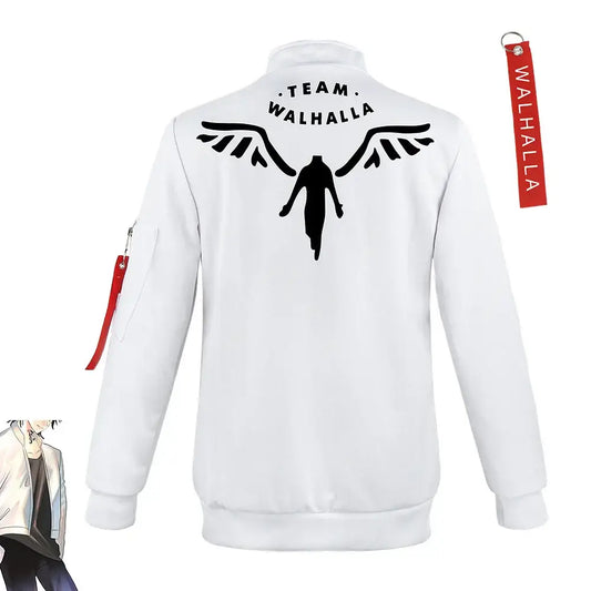 Back view of white tokyo revengers valhalla bomber jacket with black winged silhouette and red sleeve tag cosplay costume
