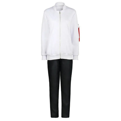 White bomber jacket with red patch on left sleeve paired with black pants tokyo revengers kazutora hanemiya cosplay costume