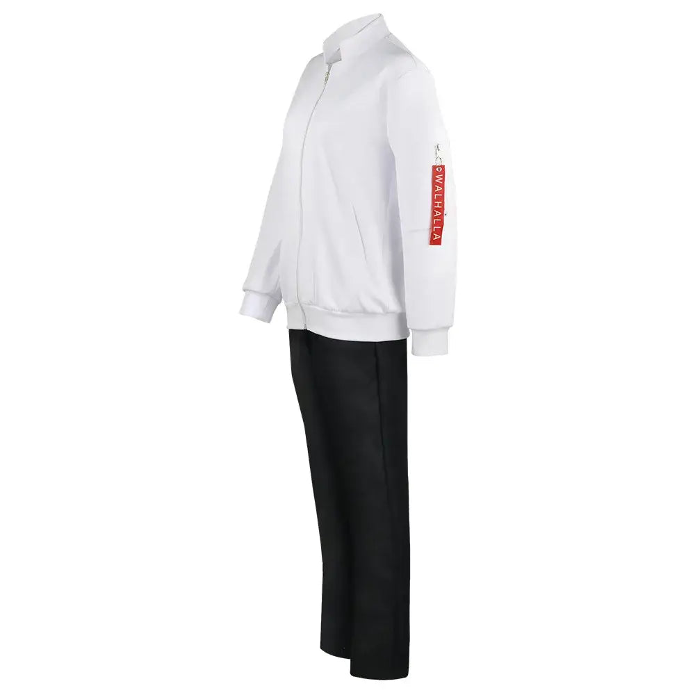White zip-up track jacket with a red vertical stripe and black text on sleeve for tokyo revengers kazutora hanemiya cosplay costume