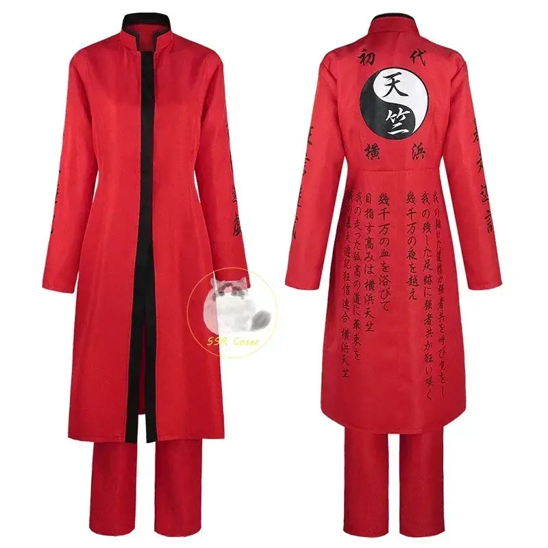 Back view of tokyo revengers kurokawa izana red long-sleeved coat with black trim and yin-yang symbol cosplay uniform