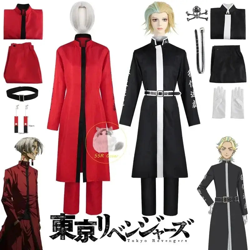 Tokyo revengers kurokawa izana cosplay uniform red black featuring long coat with contrasting trim and matching pants set