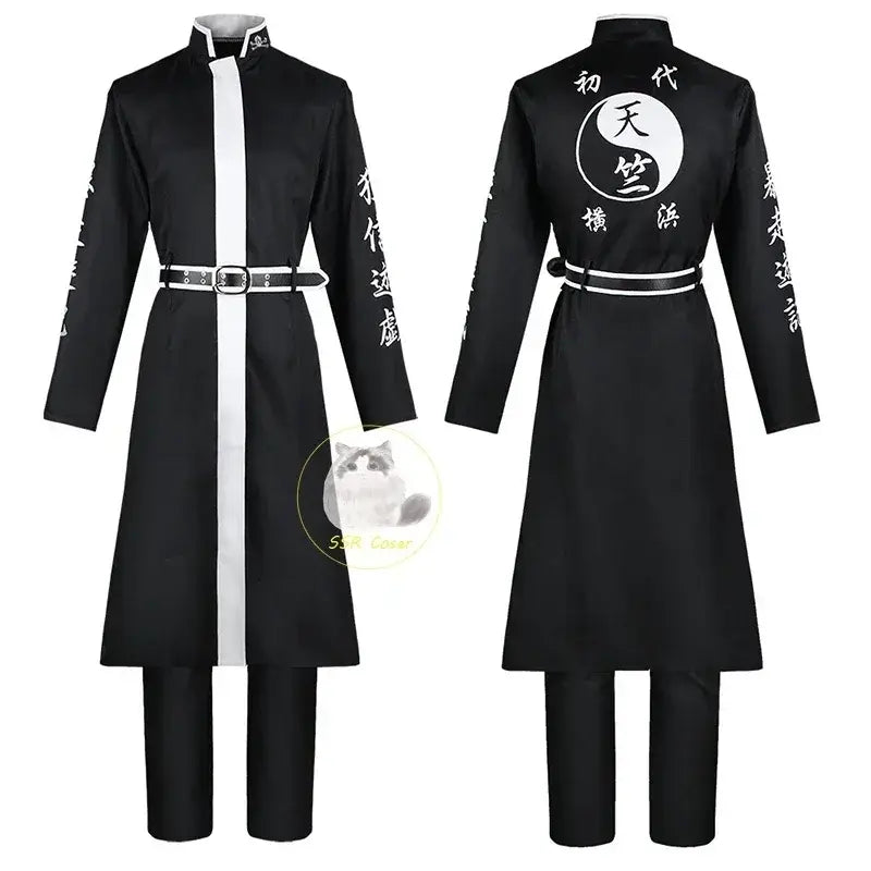 Back view of tokyo revengers kurokawa izana cosplay robe in black with white stripe and embroidered japanese characters on sleeves and belt