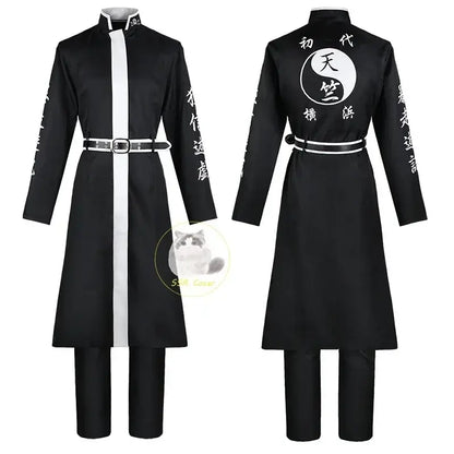 Back view of tokyo revengers kurokawa izana cosplay robe in black with white stripe and embroidered japanese characters on sleeves and belt