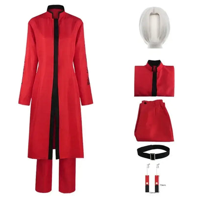 Tokyo revengers kurokawa izana cosplay uniform featuring a red long coat with black trim, embroidery, matching pants, and accessories