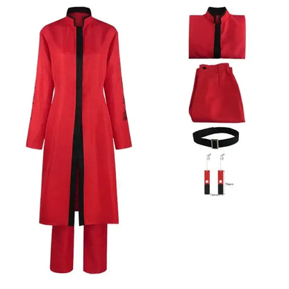 Tokyo revengers kurokawa izana cosplay uniform featuring red long coat with black trim and embroidery paired with matching pants