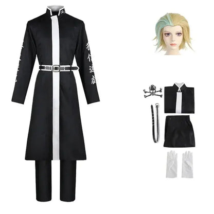 Tokyo Revengers kurokawa izana black costume with white stripe, long sleeves with japanese characters, and silver belt