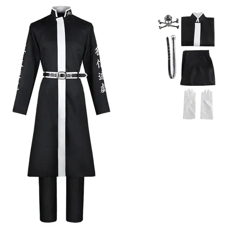 Black and white tokyo revengers kurokawa izana cosplay outfit with long coat embroidered sleeves skull pin and scarf red costume