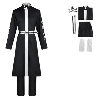 Black and white tokyo revengers kurokawa izana cosplay outfit with long coat embroidered sleeves skull pin and scarf red costume