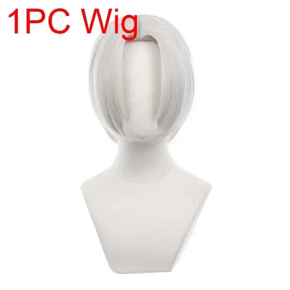 White synthetic bob wig on mannequin bust for tokyo revengers kurokawa izana black costume cosplay uniform