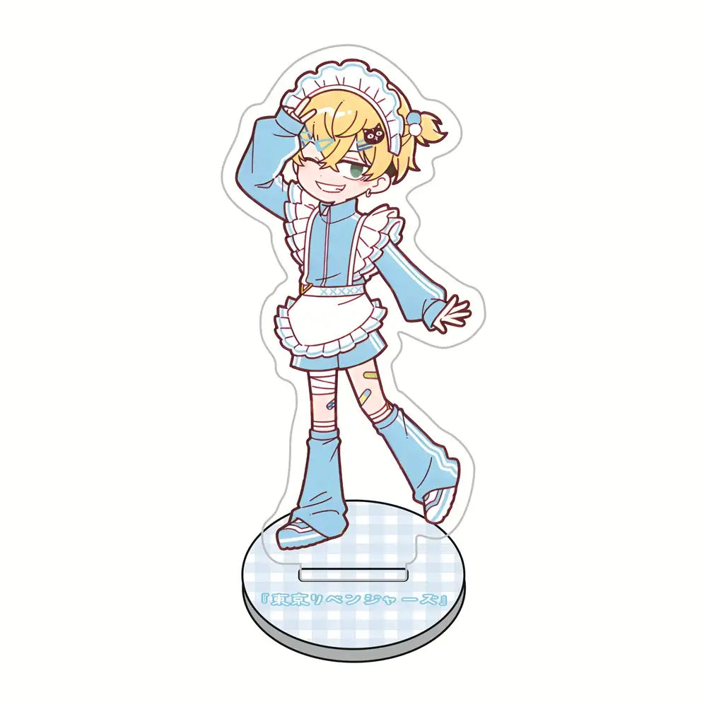 Blue and white tokyo revengers maid acrylic stand featuring chibi blonde character in frilly apron for desk decor