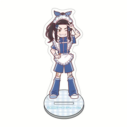 Blue and white tokyo revengers maid acrylic standee with polka-dot bow frilled apron and thigh-high boots for desk decor