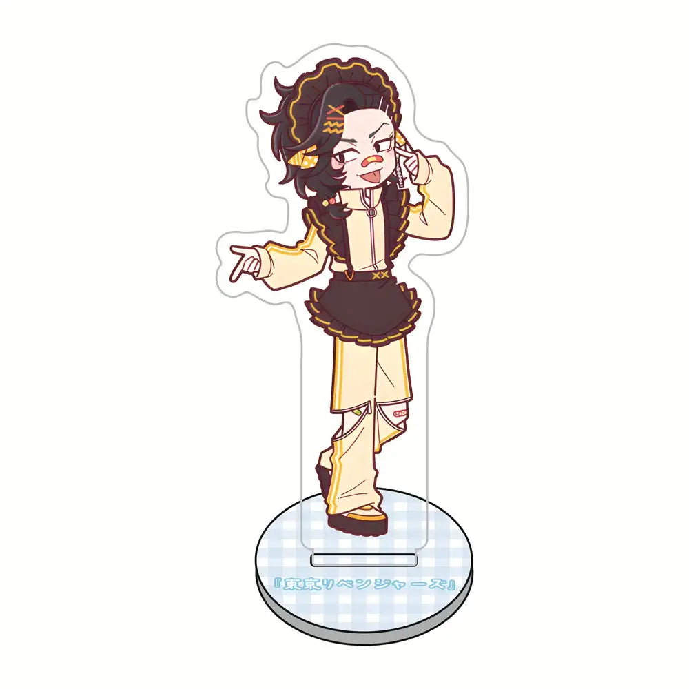 Chibi-style tokyo revengers maid acrylic stand featuring a character with dark curly hair and gold accents in beige outfit