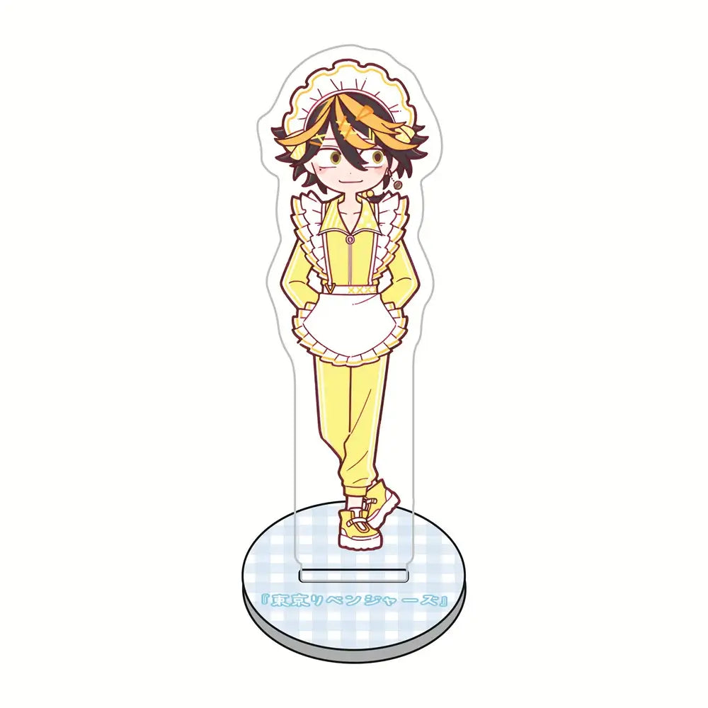 Yellow and white tokyo revengers maid acrylic stand featuring ruffled details for 10cm desk decor