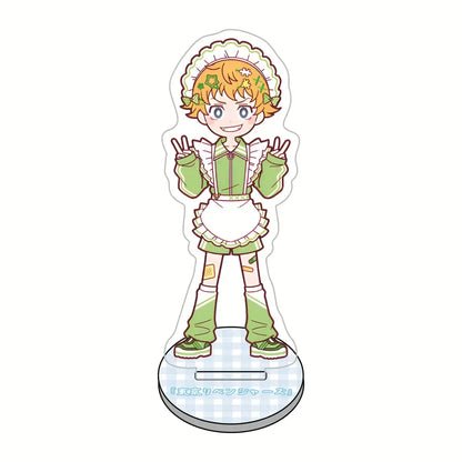 A cheerful tokyo revengers maid acrylic stand featuring an orange-haired character in green and white outfit for desk decor