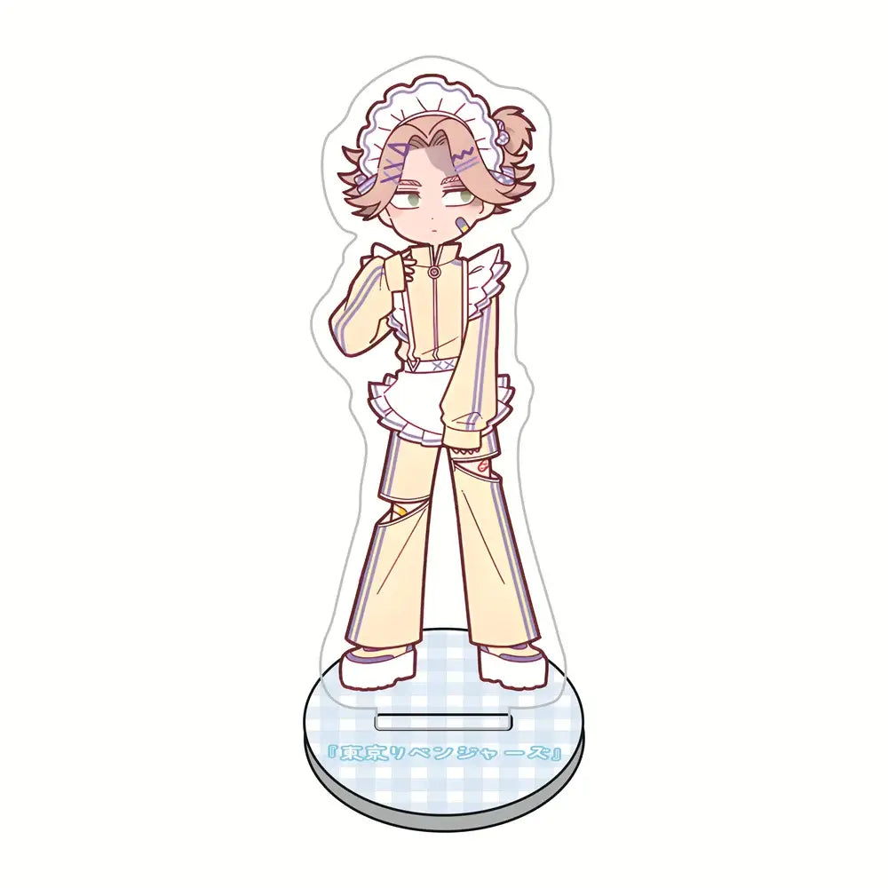 A translucent acrylic stand featuring a chibi tokyo revengers maid in an off-white and beige outfit for desk decor