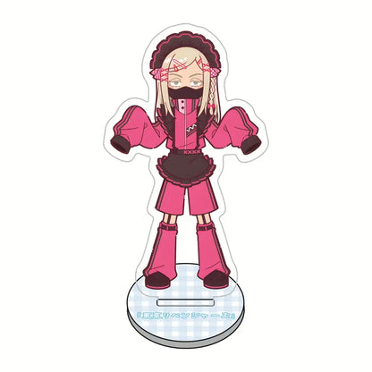 Pink and black tokyo revengers maid acrylic stand featuring lace headpiece and thigh-high boots on checkered base