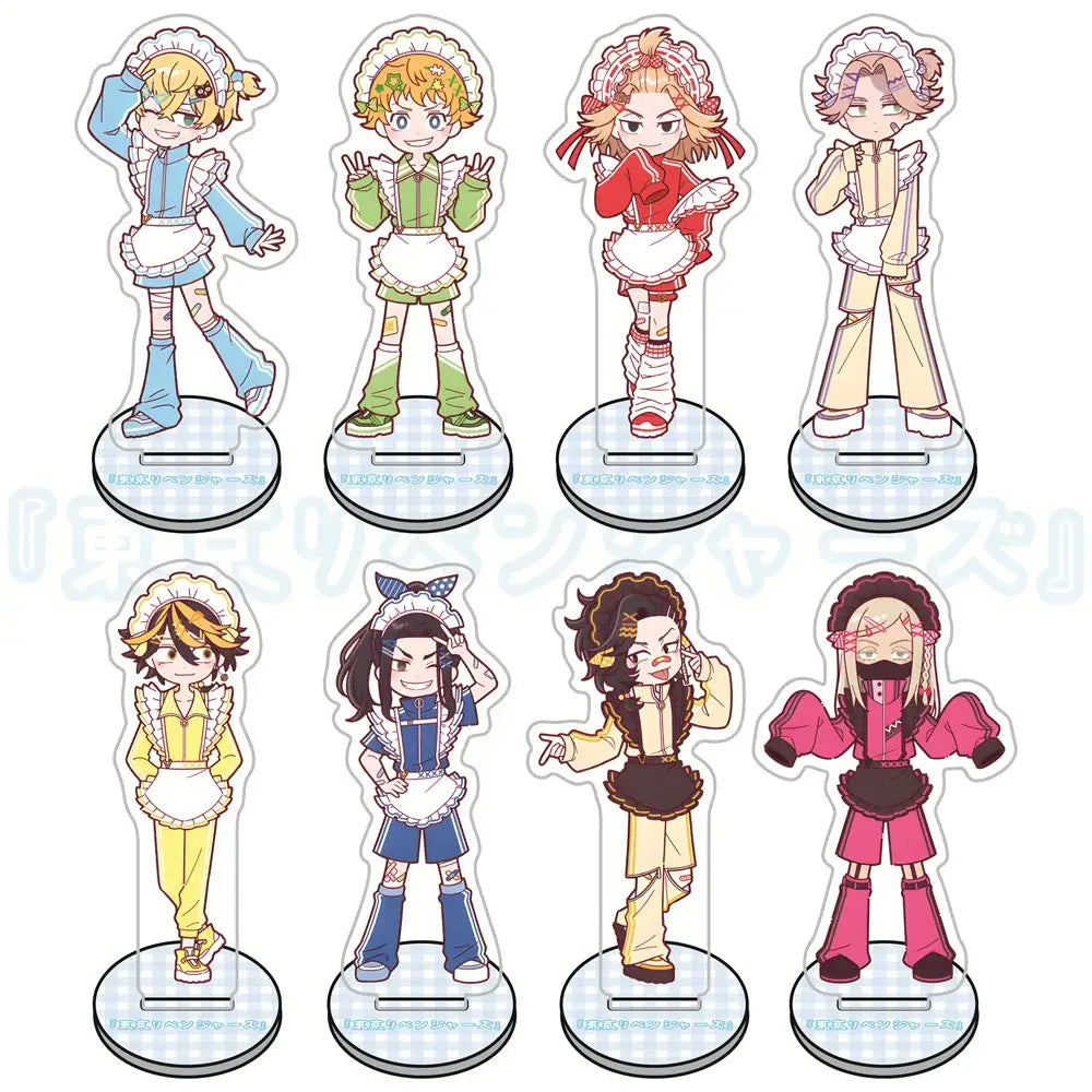 Eight colorful tokyo revengers maid acrylic standees featuring unique hairstyles for 10cm desk decor