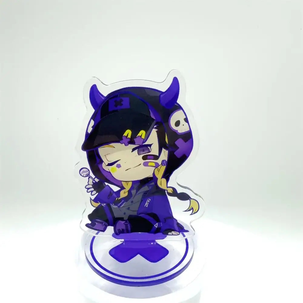 Purple and black chibi-style tokyo revengers manjiro acrylic standee holding a lollipop 8cm desk decor