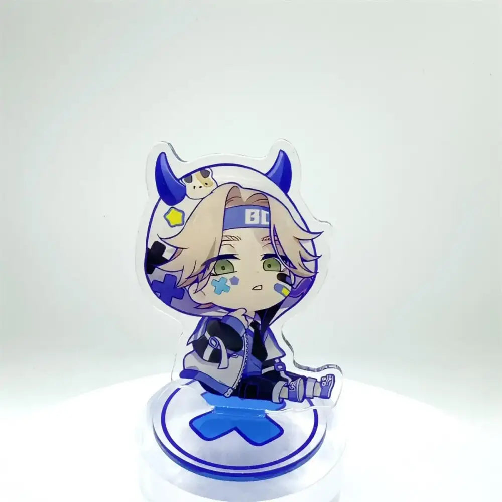 Clear acrylic tokyo revengers manjiro stand featuring chibi character with blonde hair blue horns and colorful outfit
