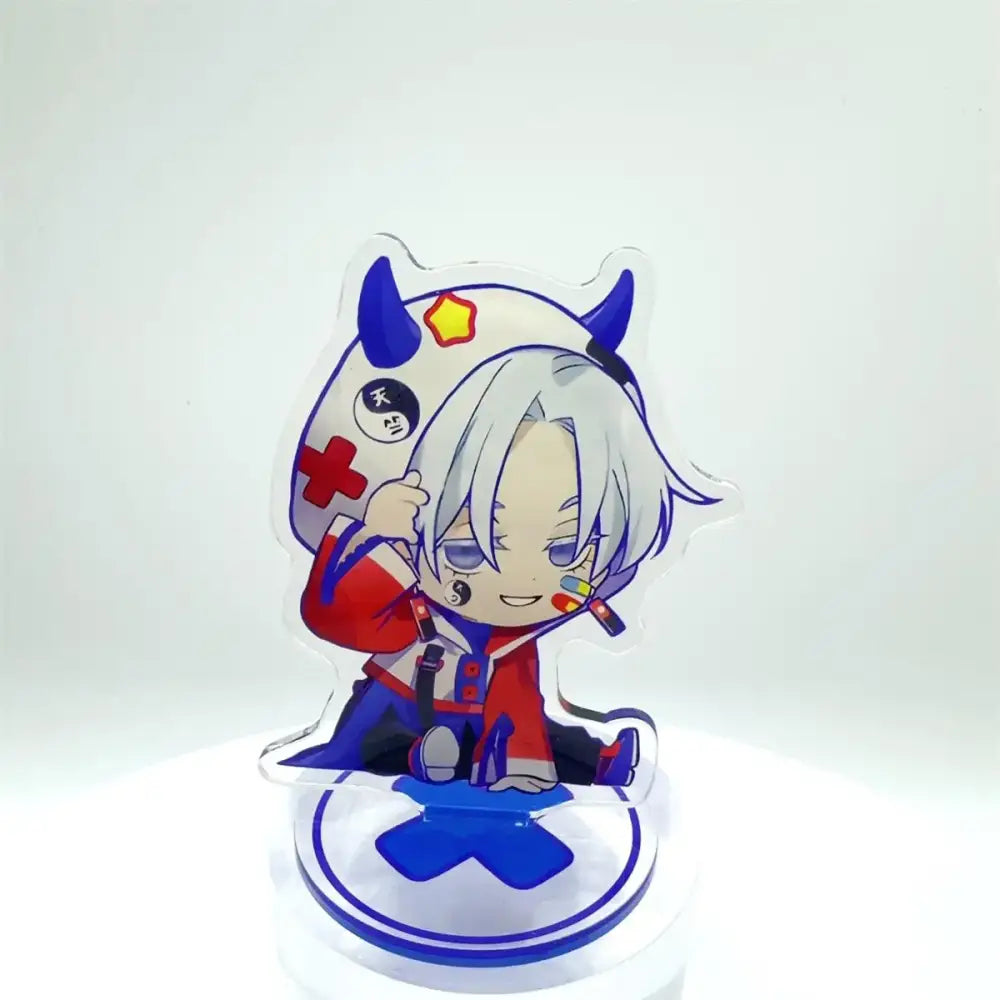 Clear acrylic tokyo revengers manjiro stand featuring silver-haired chibi character with medical helmet desk decor