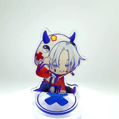 Clear acrylic tokyo revengers manjiro stand featuring silver-haired chibi character with medical helmet desk decor