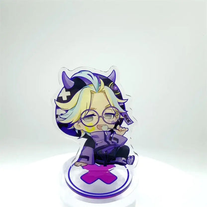 Purple and black tokyo revengers manjiro acrylic stand with devil horns glasses and purple x emblem base 8cm desk decor