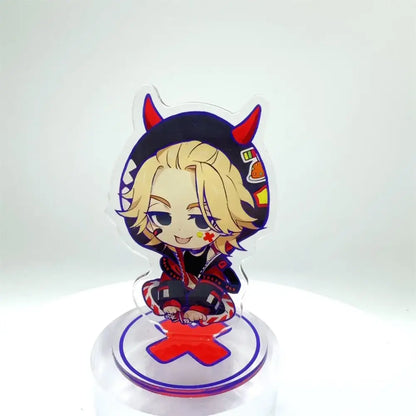 Clear acrylic stand featuring tokyo revengers manjiro chibi character with blonde hair red devil horns and colorful outfit