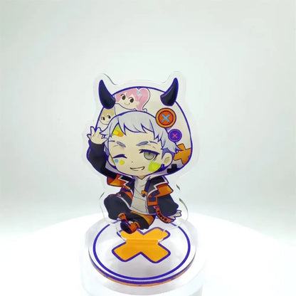 Clear acrylic tokyo revengers manjiro stand featuring silver hair character with black horns and colorful outfit design
