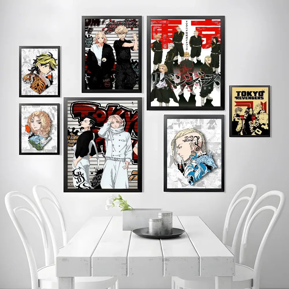 Black-framed tokyo revengers manjiro sano canvas print wall art with bold red and white graphics in dynamic poses