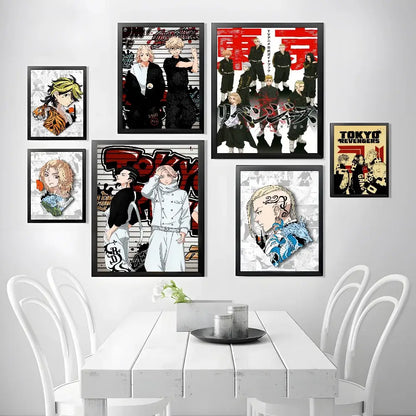 Black-framed tokyo revengers manjiro sano canvas print wall art with bold red and white graphics in dynamic poses