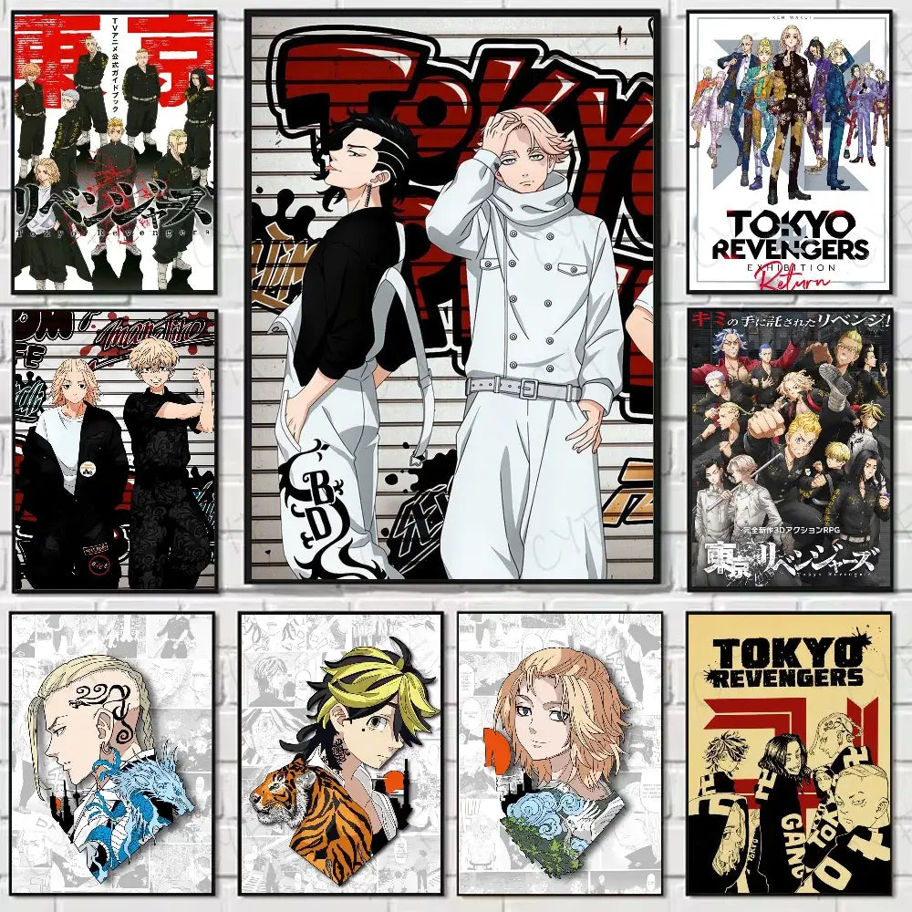 Set of nine tokyo revengers anime posters on white brick wall featuring manjiro sano canvas print wall art