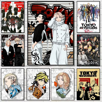 Set of nine tokyo revengers anime posters on white brick wall featuring manjiro sano canvas print wall art
