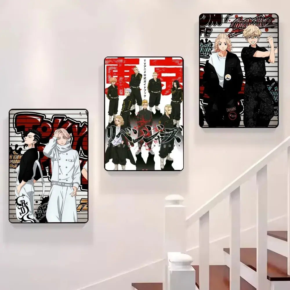 Three rectangular framed tokyo revengers wall art posters with bold red and black anime character artwork on canvas