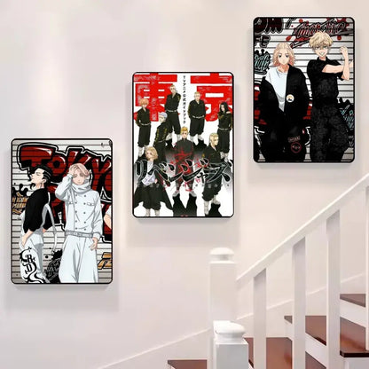 Three rectangular framed tokyo revengers wall art posters with bold red and black anime character artwork on canvas