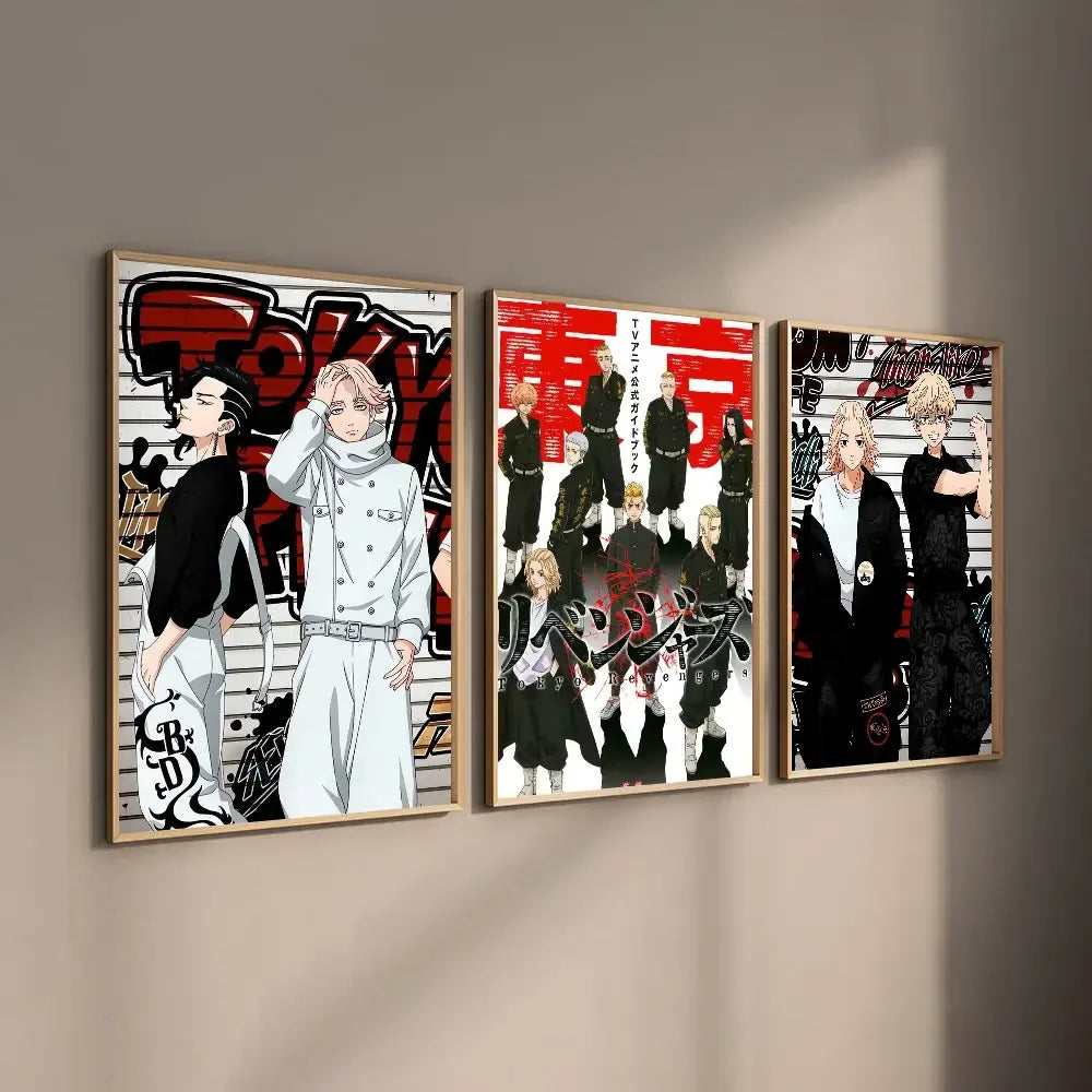 Three framed tokyo revengers anime posters with bold red and black graphics on white backgrounds in light wood frames wall art