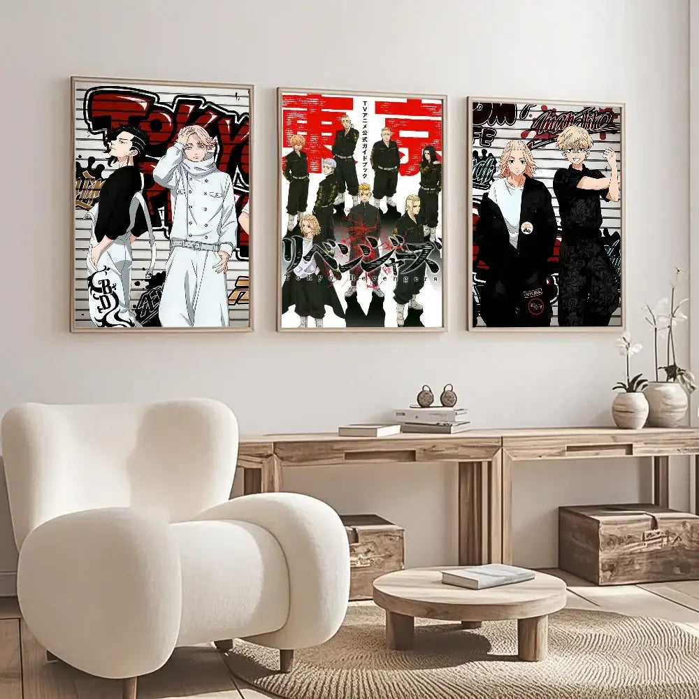 Three framed tokyo revengers anime posters with bold red and black text on canvas wall art for hd home decor