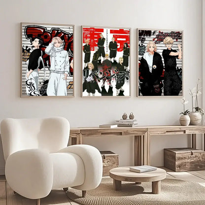 Three framed tokyo revengers anime posters with bold red and black text on canvas wall art for hd home decor